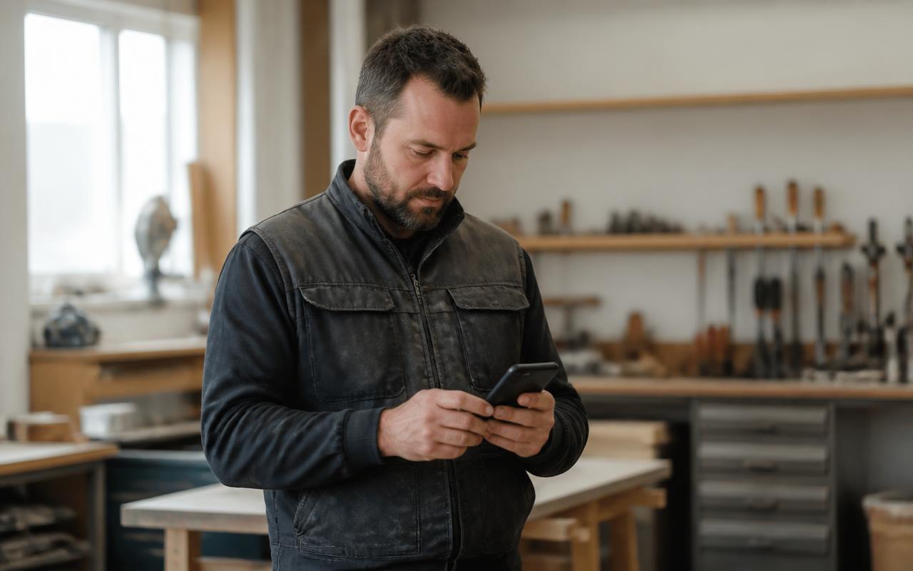 Handwerker in seiner Werkstatt plant einen Kundentermin auf dem Smartphone